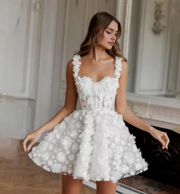 Luolandi Romantic A Line Straps Lace Flower Short/Mini Wedding Dresses Charming Bridal Grown Short Homecoming Dress