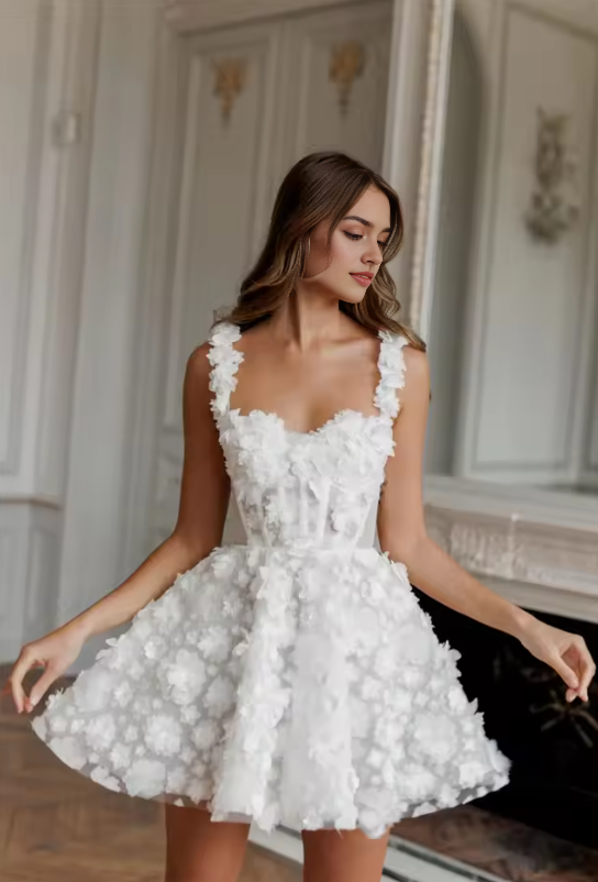 Luolandi Romantic A Line Straps Lace Flower Short/Mini Wedding Dresses Charming Bridal Grown Short Homecoming Dress