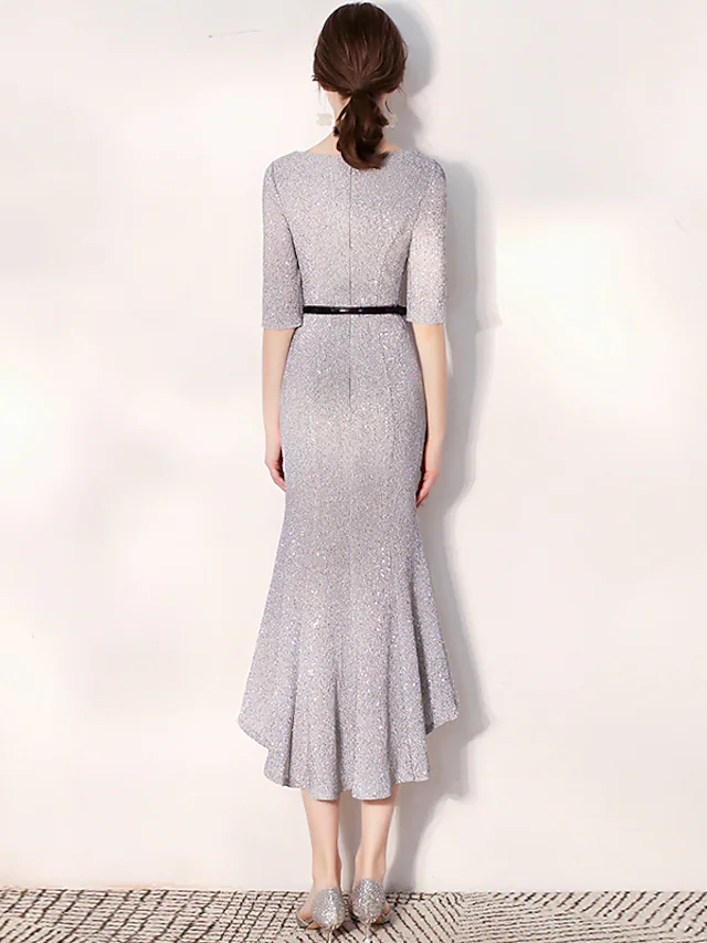 Luolandi Glittering Elegant Homecoming Cocktail Party Dress Jewel Neck Long Sleeve Tea Length Sequined with Sash Ribbon Sequin