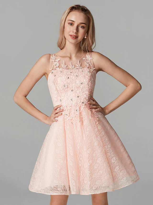 Luolandi A-Line Sparkle Homecoming Cocktail Party Dress Pink Illusion Neck Sleeveless Short Mini Tulle Floral Lace with Sequin