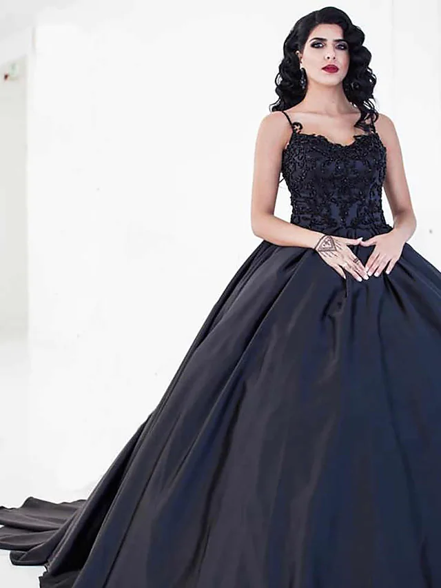 Luolandi Ball Gown Wedding Dresses Sweetheart Neckline Court Train Lace Satin Spaghetti Strap Black with Draping