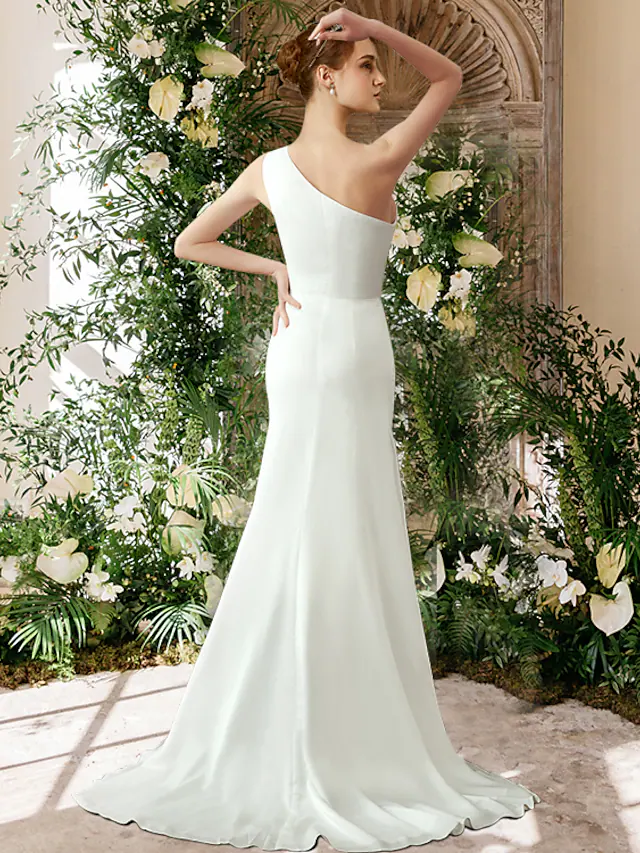 Luolandi Wedding Dresses One Shoulder Chiffon Sleeveless Simple Sexy Pure Color