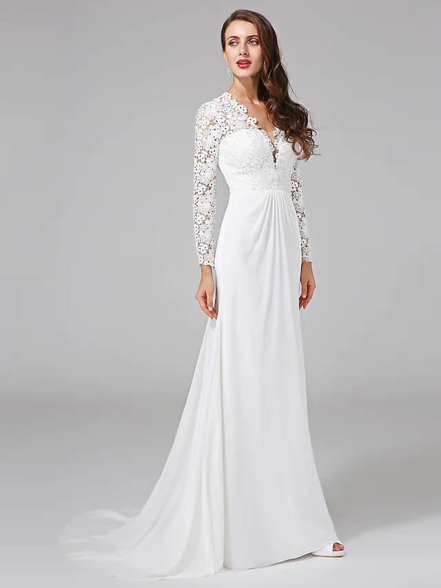 Luolandi Wedding Dresses V NeckChiffon Floral Lace Long Sleeve Romantic Boho Illusion Sleeve with Lace