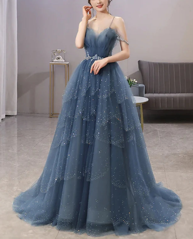 Luolandi A Line Blue Sparkle Beadedd Tulle Floor Length Party Dress Junior Prom Dress Charming Evening Dress