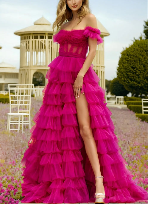 Luolandi A Line Prom Dress Off The Shoulder Tiered Tulle Evening Dress With Slit Floor Length