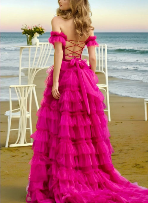 Luolandi A Line Prom Dress Off The Shoulder Tiered Tulle Evening Dress With Slit Floor Length