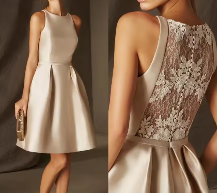 Luolandi A line Sleeveless Lace Satin Short Homecoming Dress Elegant Cocktail Dress Chic Wedding Guest Dress