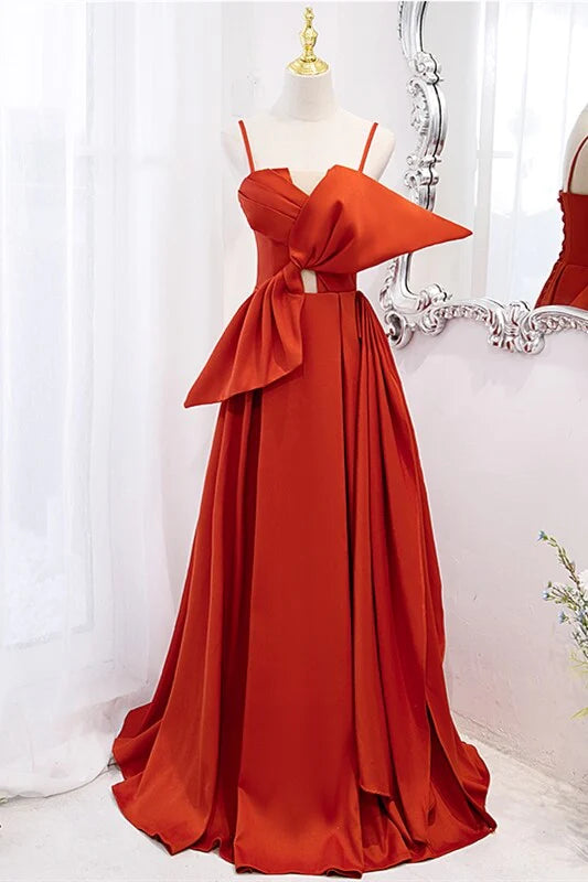 Luolandi Orange Spaghetti Straps Knotted Satin A-line Long Dress Elegant Evening Dress