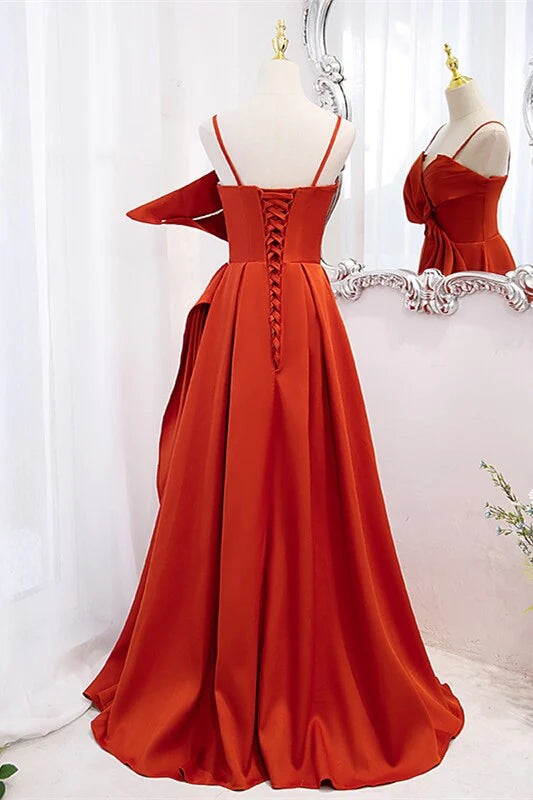 Luolandi Orange Spaghetti Straps Knotted Satin A-line Long Dress Elegant Evening Dress