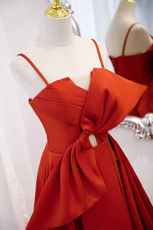 Luolandi Orange Spaghetti Straps Knotted Satin A-line Long Dress Elegant Evening Dress