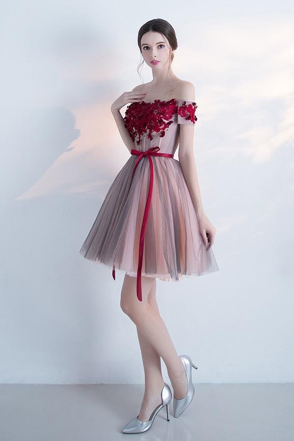 Luolandi A Line Red Off the Shoulder Above Knee Short Sleeve Flowers Homecoming Dresses Beautiful