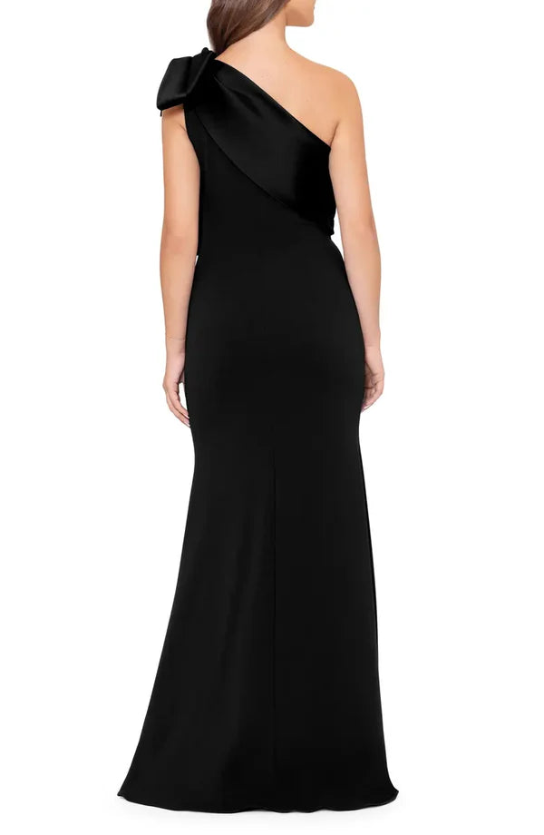 Luolandi A simple and elegant satin bow fish tail and floor length evening dress Black