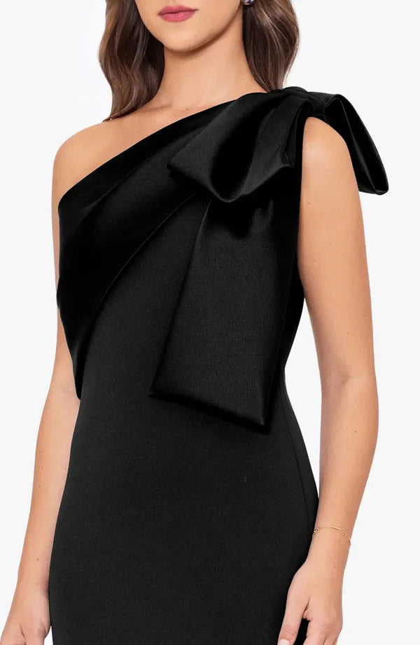 Luolandi A simple and elegant satin bow fish tail and floor length evening dress Black