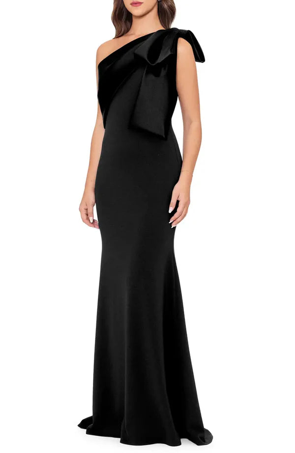 Luolandi A simple and elegant satin bow fish tail and floor length evening dress Black