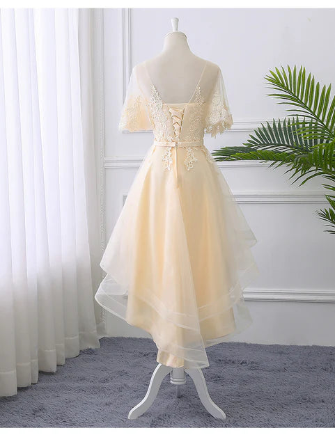 Luolandi Adorable Light Champagne High Low Party Dress with Lace Applique Short Homecoming Dress Elegant