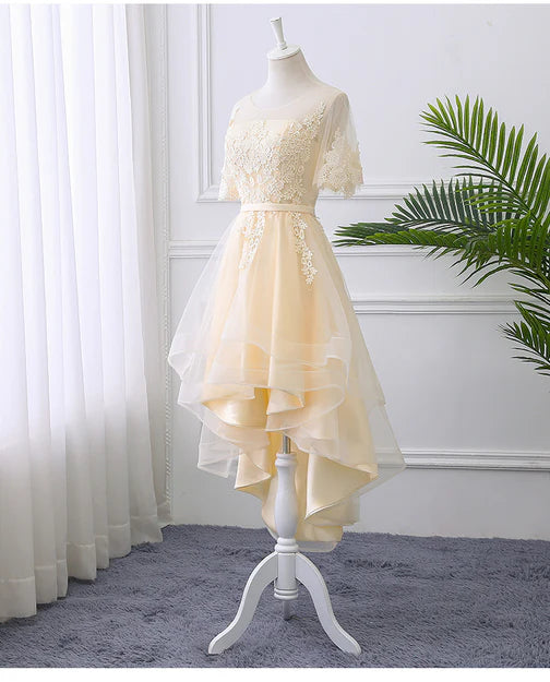 Luolandi Adorable Light Champagne High Low Party Dress with Lace Applique Short Homecoming Dress Elegant