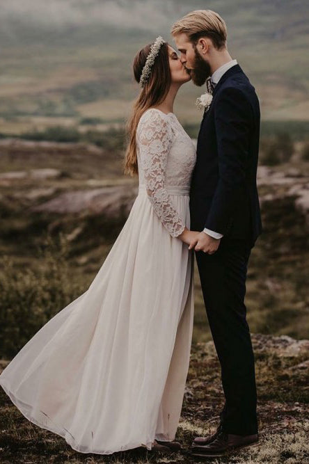 Luolandi Long Sleeves A-Line/Princess Bateau Appliques Floor-Length Chiffon Wedding Dress Beautiful