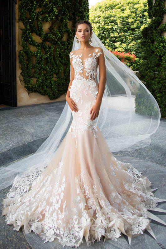 Luolandi Mermaid Light Pink Lace Appliques Wedding Dresses Short Sleeve Bride Dress Beautiful