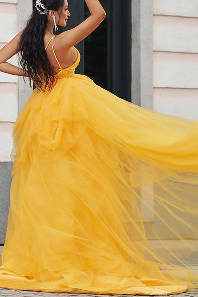 Luolandi Asymmetrical Prom Dresses A Line Tulle V Neck With Beads And Ruffles Sexy