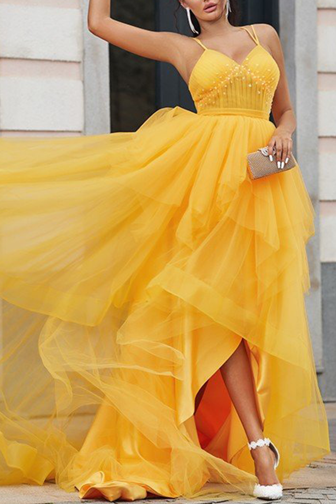 Luolandi Asymmetrical Prom Dresses A Line Tulle V Neck With Beads And Ruffles Sexy