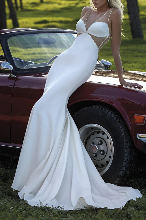 Luolandi Enchanting illusion deep V-neck pearl fish tail wedding dress Sexy