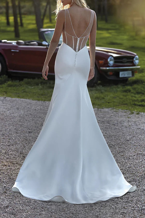 Luolandi Enchanting illusion deep V-neck pearl fish tail wedding dress Sexy