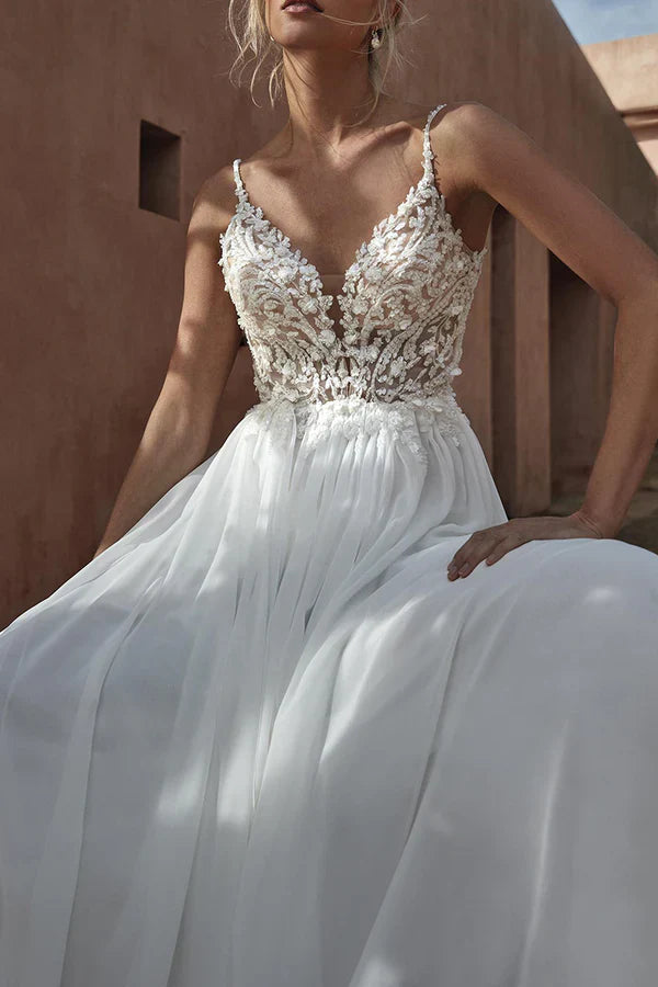 Luolandi A-line illusion V-neck lace decal Bohemian style wedding dress with shawl Open Back Sexy