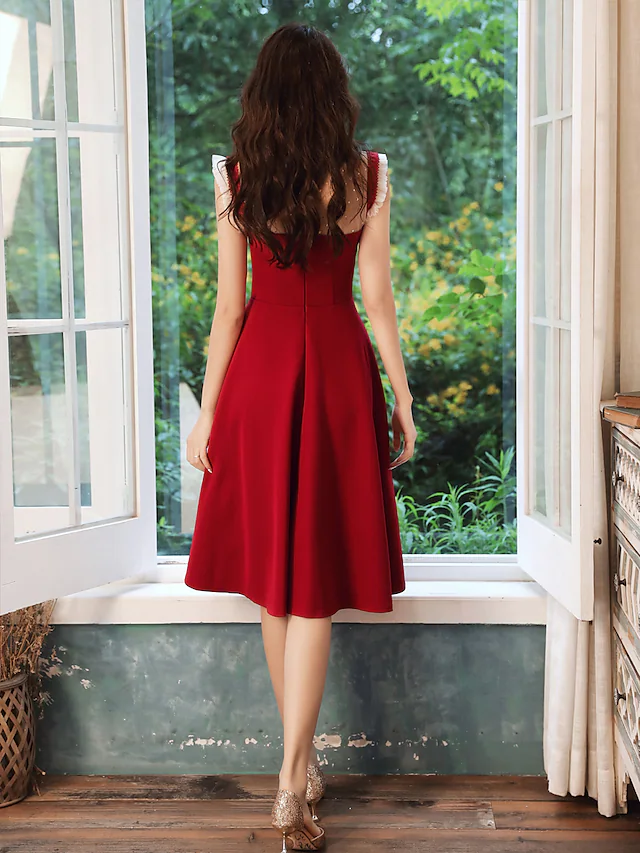 Luolandi A-Line Glittering Elegant Party Wear Cocktail Party Dress High Neck Sleeveless Knee Length Spandex