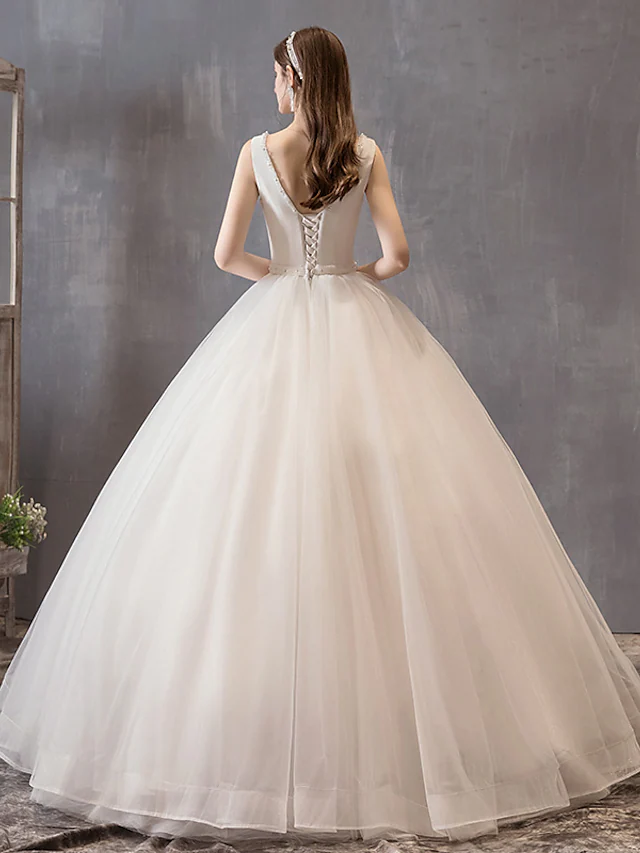 Luolandi Princess Ball Gown Wedding Dresses V Neck Floor Length Satin Tulle Sleeveless Formal Luxurious with Bow(s)