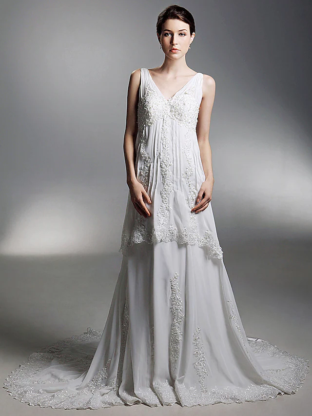Luolandi Princess A-Line Wedding Dresses V Neck Chapel Train Chiffon Sleeveless Pure Color