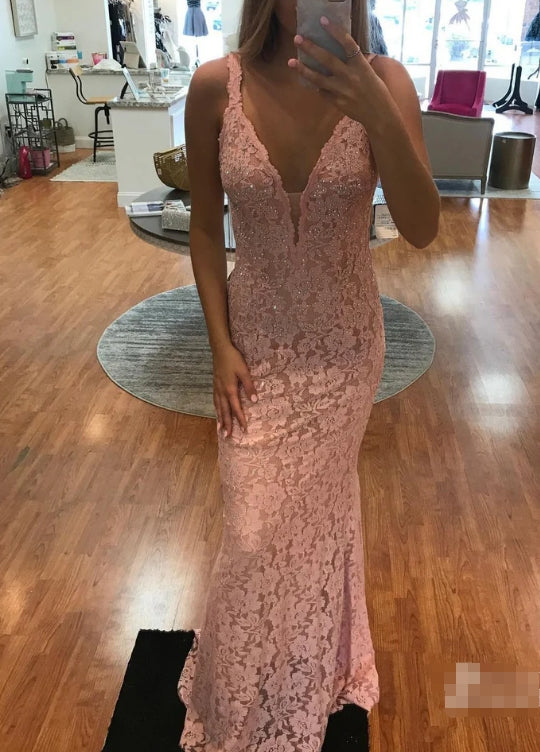 Luolandi Modest Lace Prom Dresses Mermaid/Trumpet Backless Formal Gowns Elegant Evening Dress