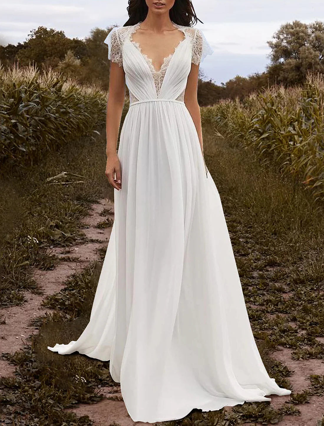 Luolandi Beach Open Back Wedding Dresses A-Line V Neck Cap Sleeve Court Train Chiffon Bridal Gowns