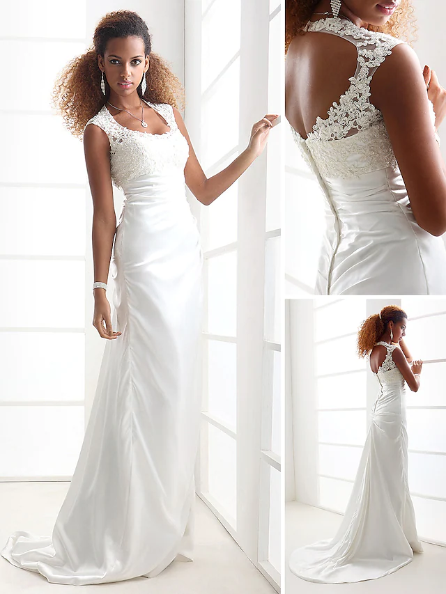 Luolandi Wedding Dresses Scoop Neck Charmeuse Beaded Lace Cap Sleeve Simple Backless with
