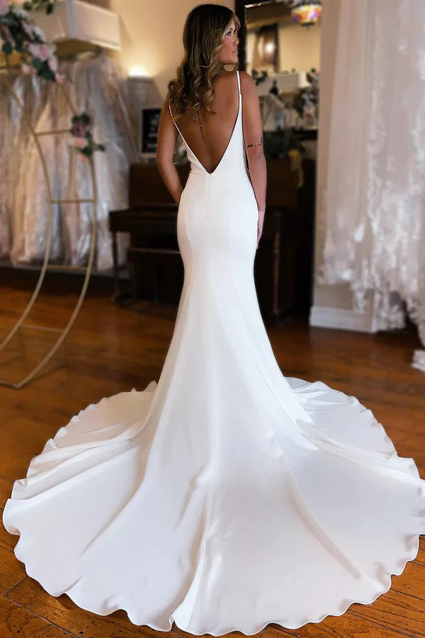 Luolandi Boho Backless Simple Mermaid Long Wedding Dress V-neck Open Back Sexy
