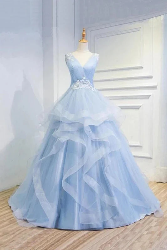 Luolandi Tulle V Neck Sleeveless Prom Appliques Long Quinceanera Dress Sky Blue Beautiful