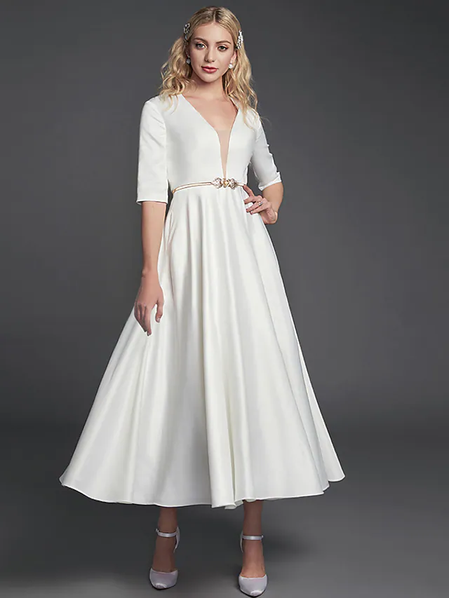 Luolandi A-Line Minimalist Elegant Homecoming Cocktail Party Dress V Neck Half Sleeve Tea Length Satin with Ribbon