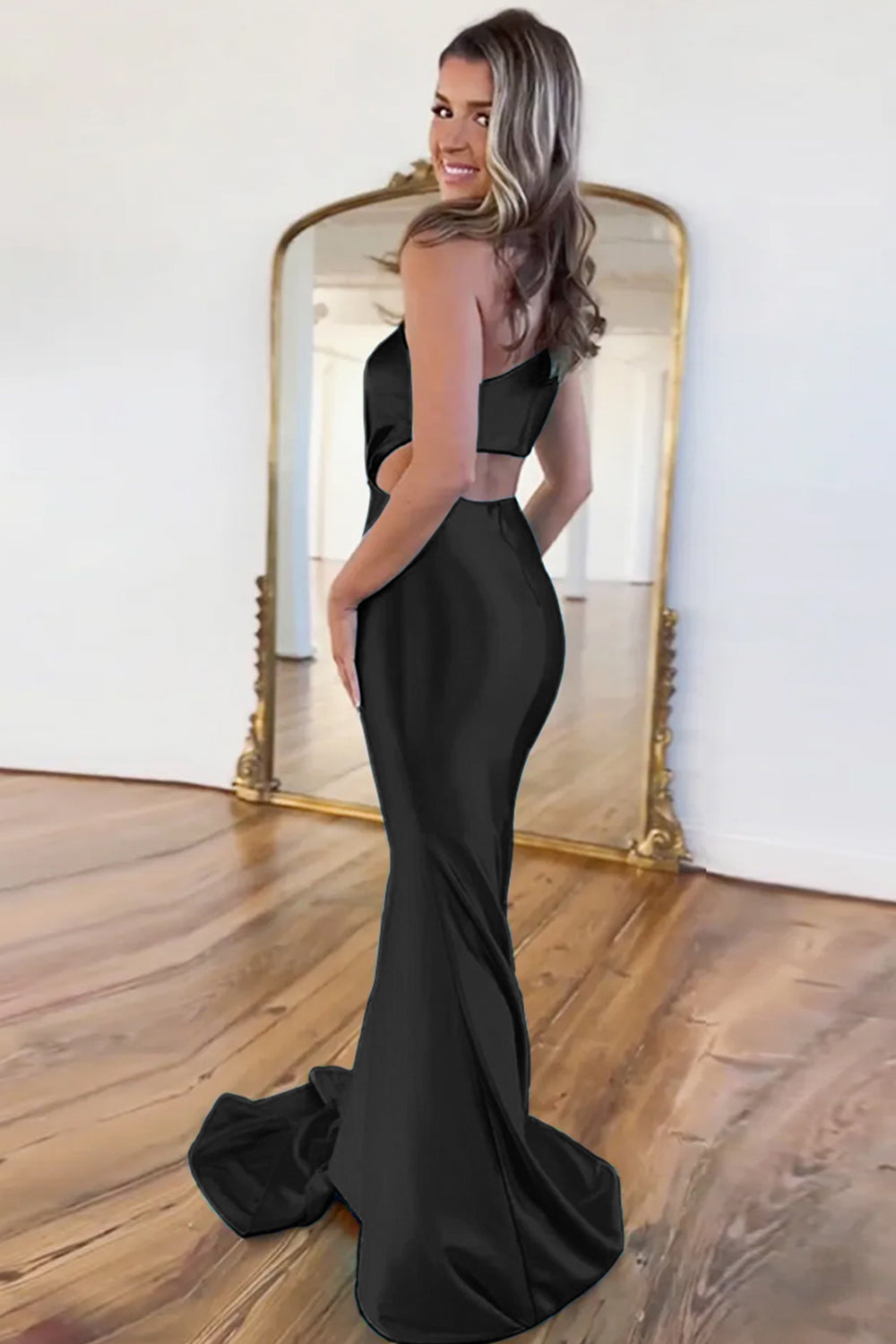Luolandi Hollow Out Black Mermaid One Shoulder Long Prom Dress Sexy Evening Dress