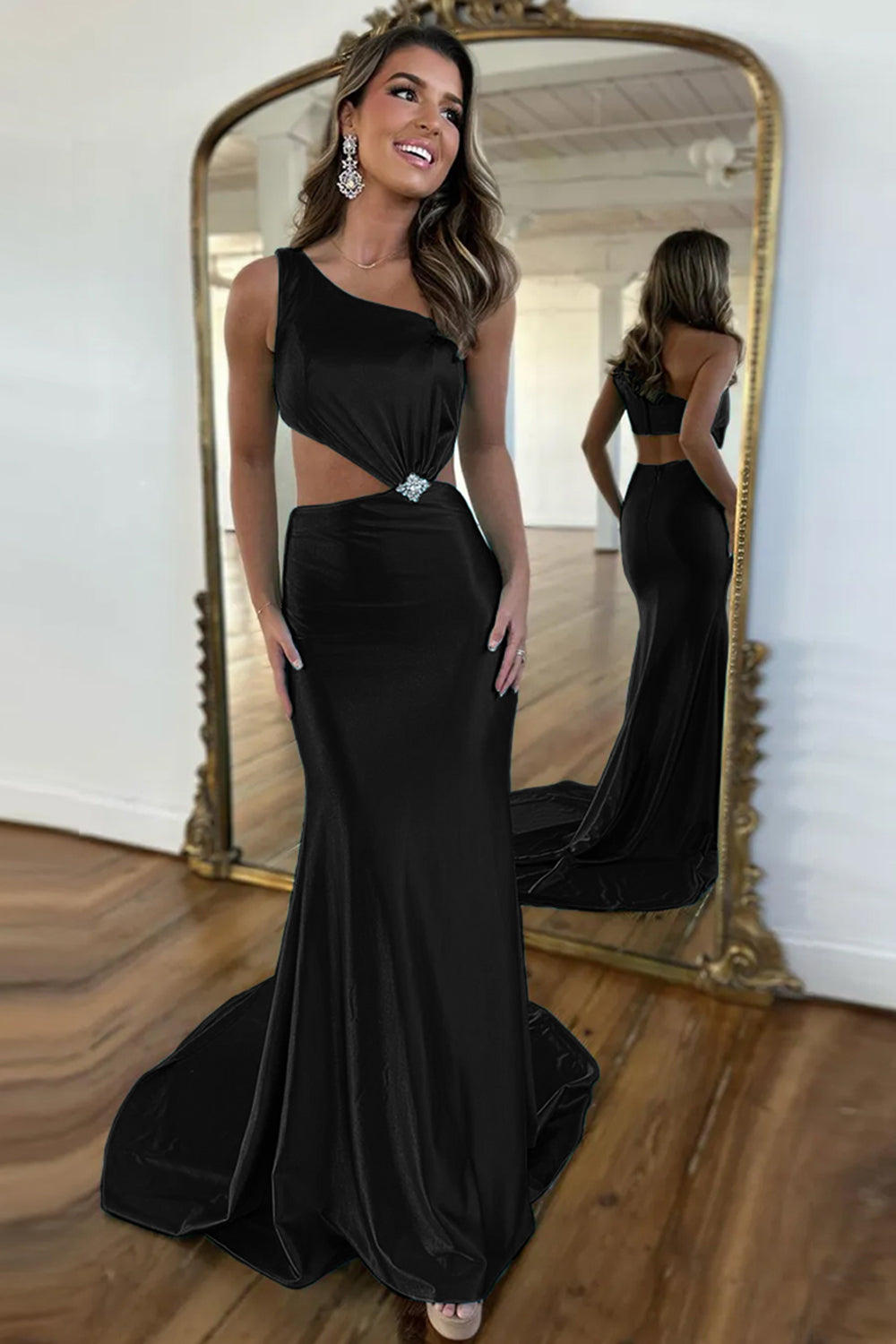 Luolandi Hollow Out Black Mermaid One Shoulder Long Prom Dress Sexy Evening Dress