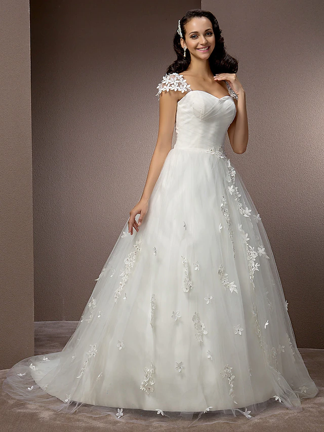 Luolandi Ball Gown Wedding Dresses Square Neck Court Train Tulle Short Sleeve with Ruched Flower
