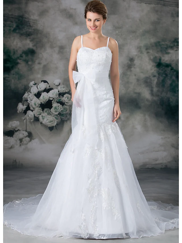 Luolandi Wedding Dresses Sweetheart Neckline Chapel Train Lace Organza Satin Spaghetti Strap with Sashes Ribbons Bow(s)