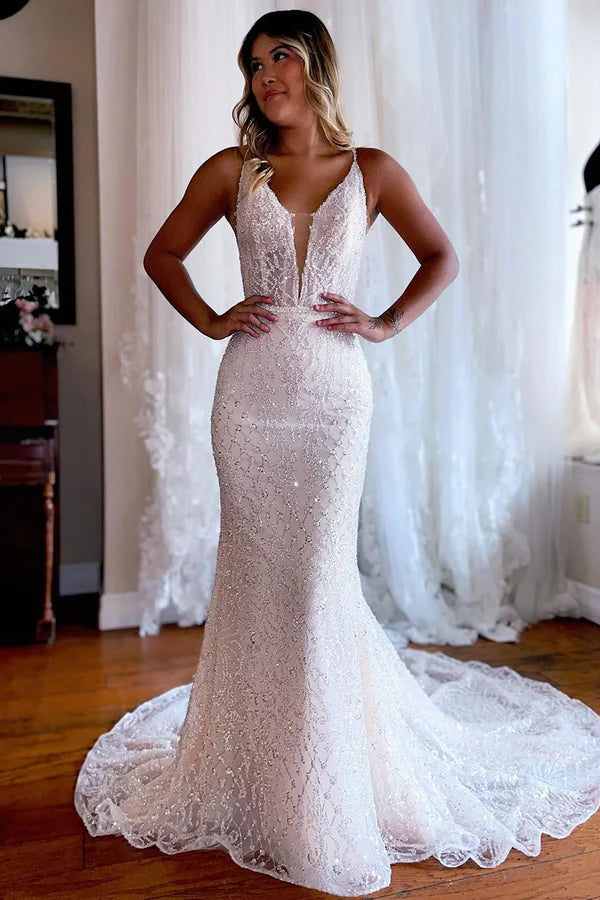 Luolandi Mermaid Lace Backless Sweep Train Long Wedding Dress V-neck Sparkly