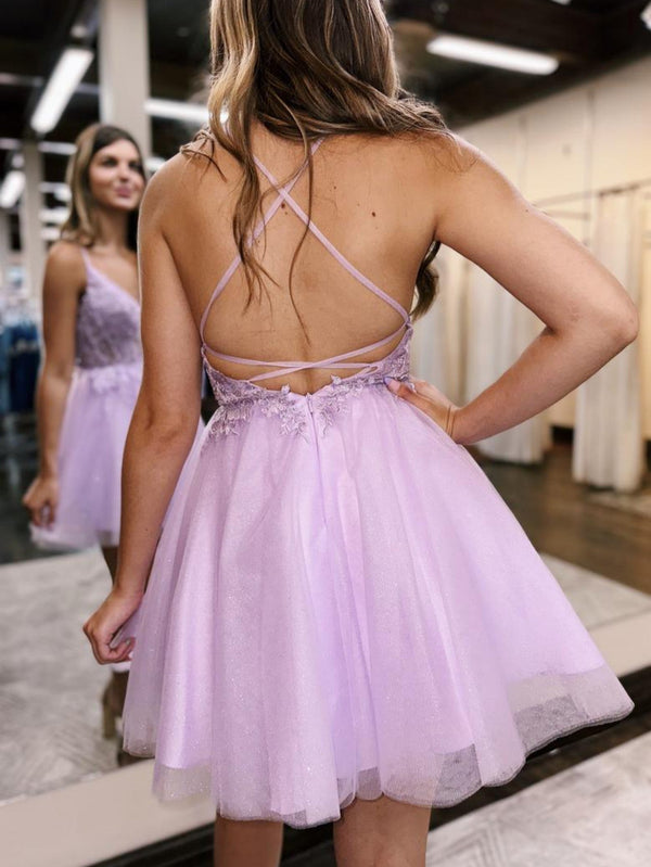 Luolandi A-Line Backless Tulle Appliqued Homecoming Dress Short Lilac Beautiful