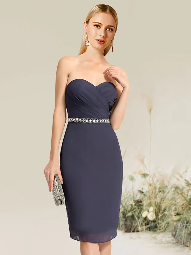 Luolandi Convertible Elegant Wedding Guest Cocktail Party Dress Strapless Short Sleeve Knee Length Lace with Lace Insert