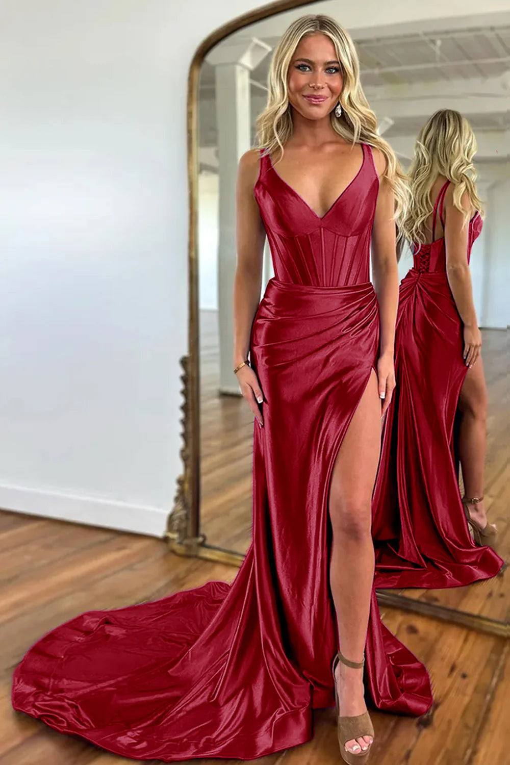 Luolandi Mermaid Dark Green V-Neck Long Prom Dress Solid Color With Slit Sexy Evening Dress