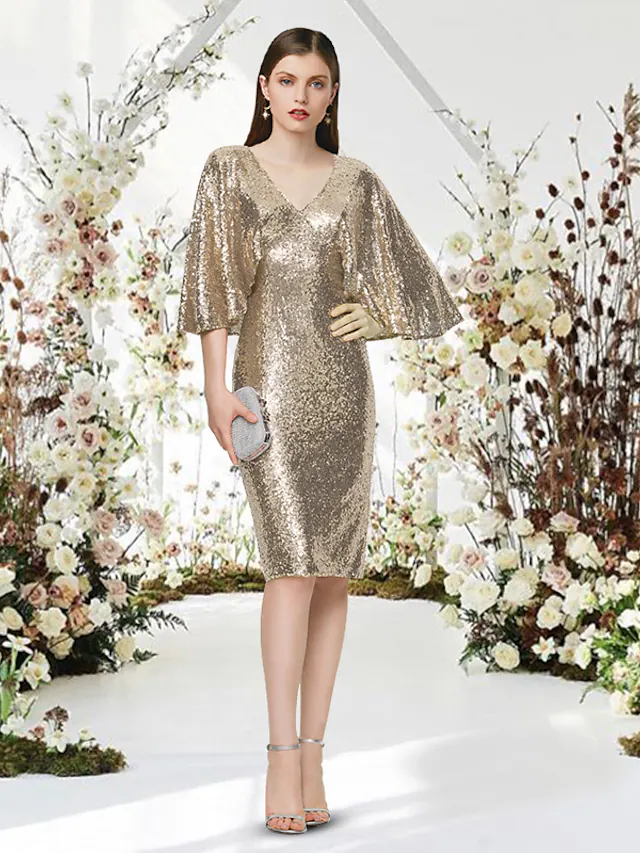 Luolandi Glittering Sparkle Graduation Cocktail Party Dress V Neck Half Sleeve Knee Length Sequined