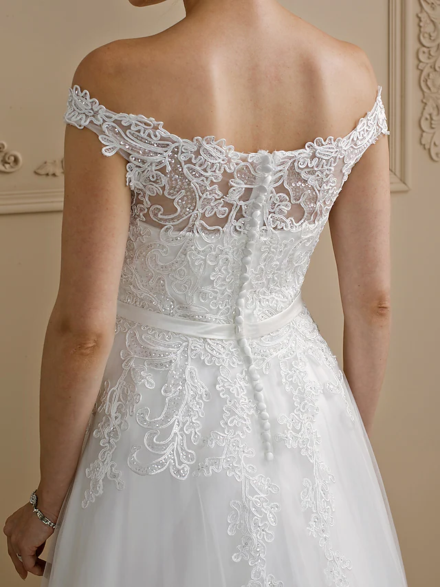 Luolandi Ball Gown Wedding Dresses Off Shoulder Court Train Lace Tulle Cap Sleeve Country Glamorous See-Through Plus Size Backless with Sashes Ribbons Bow(s)