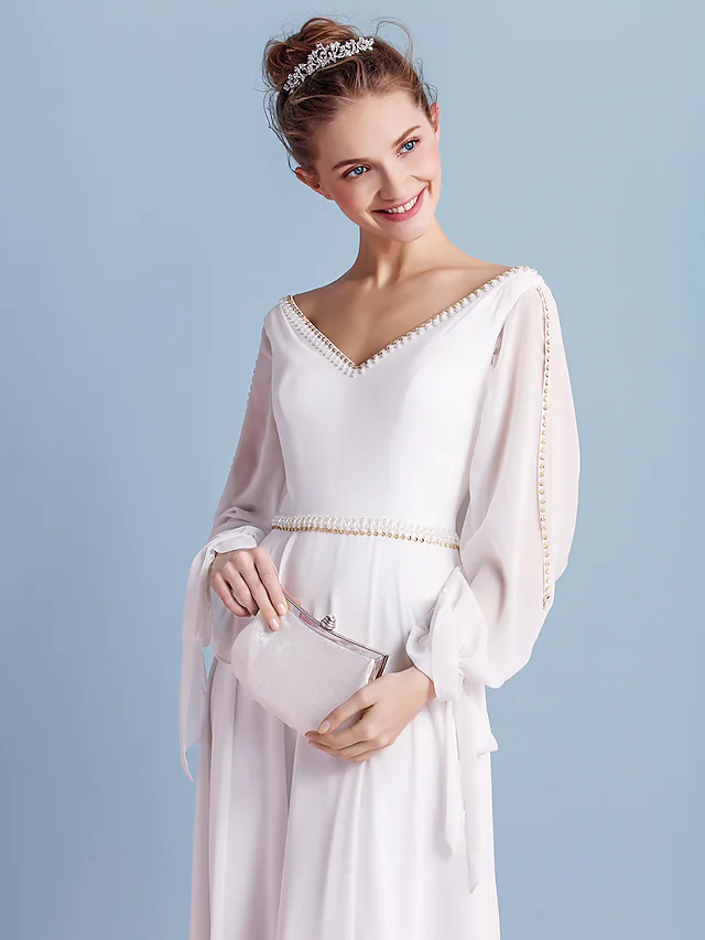 Luolandi Wedding Dresses V Neck Court Train Chiffon Long Sleeve with Beading Pure Color