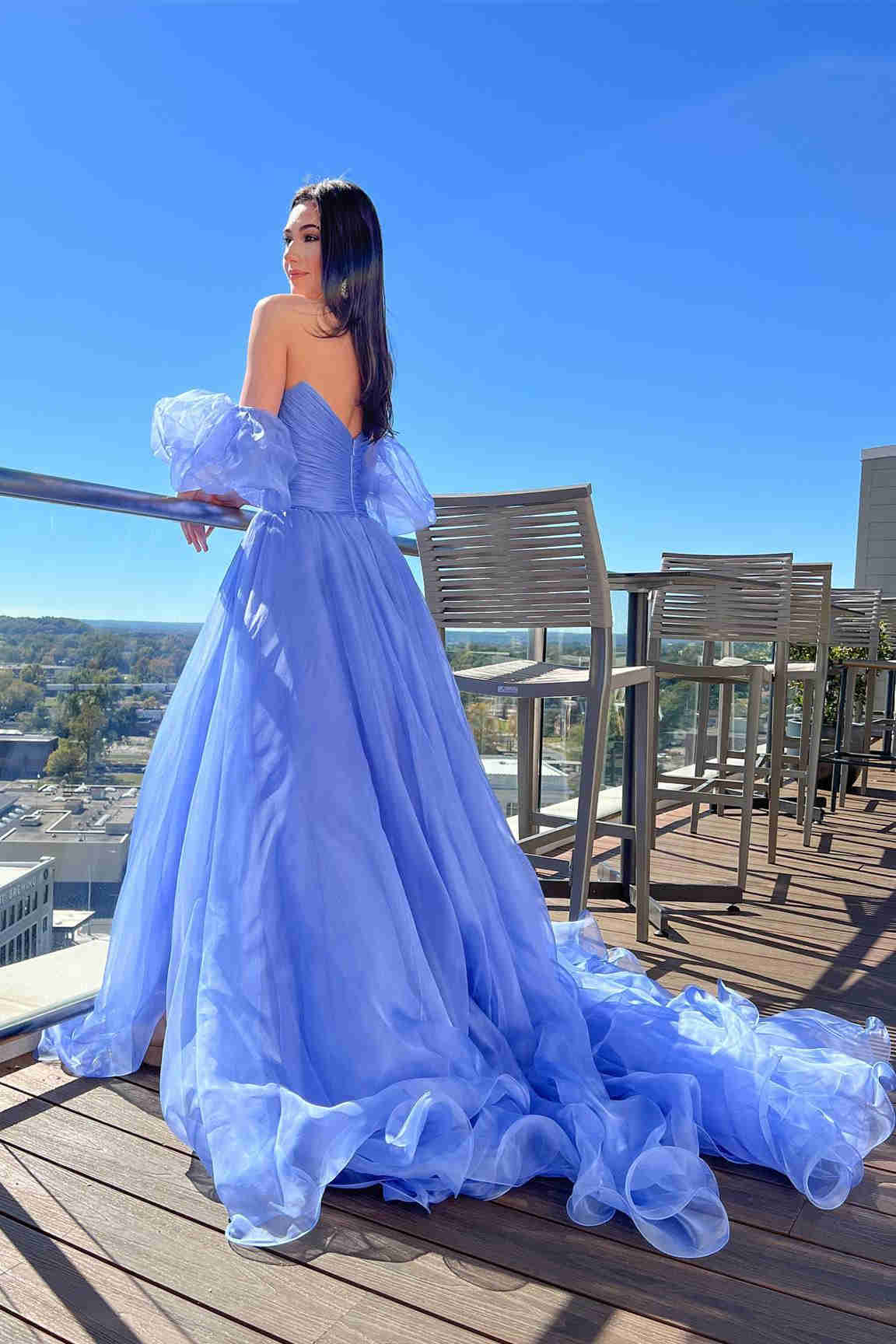 Luolandi Ball Gown Princess Sweetheart Lavender Puff Sleeves Pleated Tulle Long Prom Dress With Slit Off Shoulder
