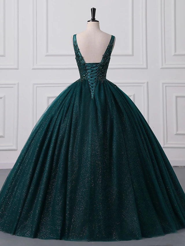 Luolandi Ball Gown Prom Dresses Sparkle &amp; Shine Dress Quinceanera Floor Length Sleeveless V Neck Tulle with Appliques