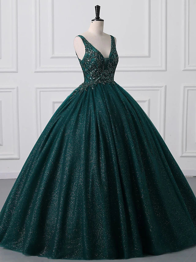 Luolandi Ball Gown Prom Dresses Sparkle &amp; Shine Dress Quinceanera Floor Length Sleeveless V Neck Tulle with Appliques